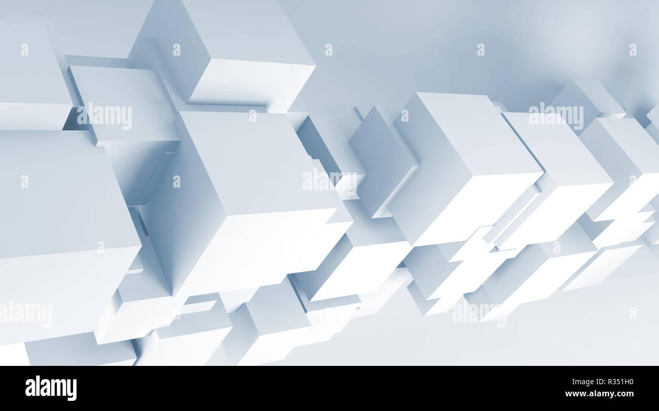 Abstract digital background with random cubes installation. Light blue ...