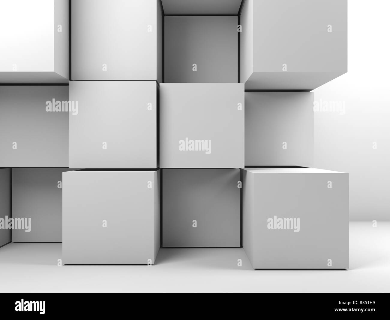 Abstract white CG background, installation of cubes in empty room ...