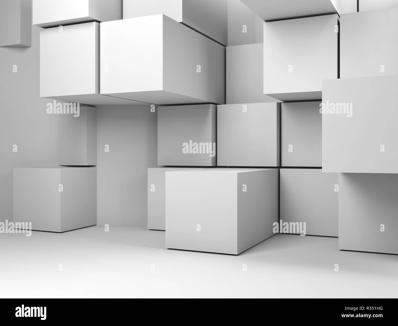 Abstract white room interior with random extruded cubes installation ...