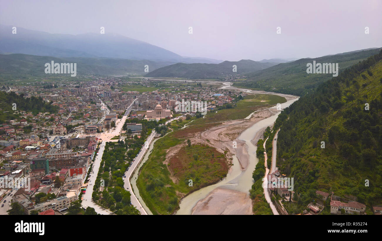 Panoramic aerial view to Berat old town and Osum river from Berat ...