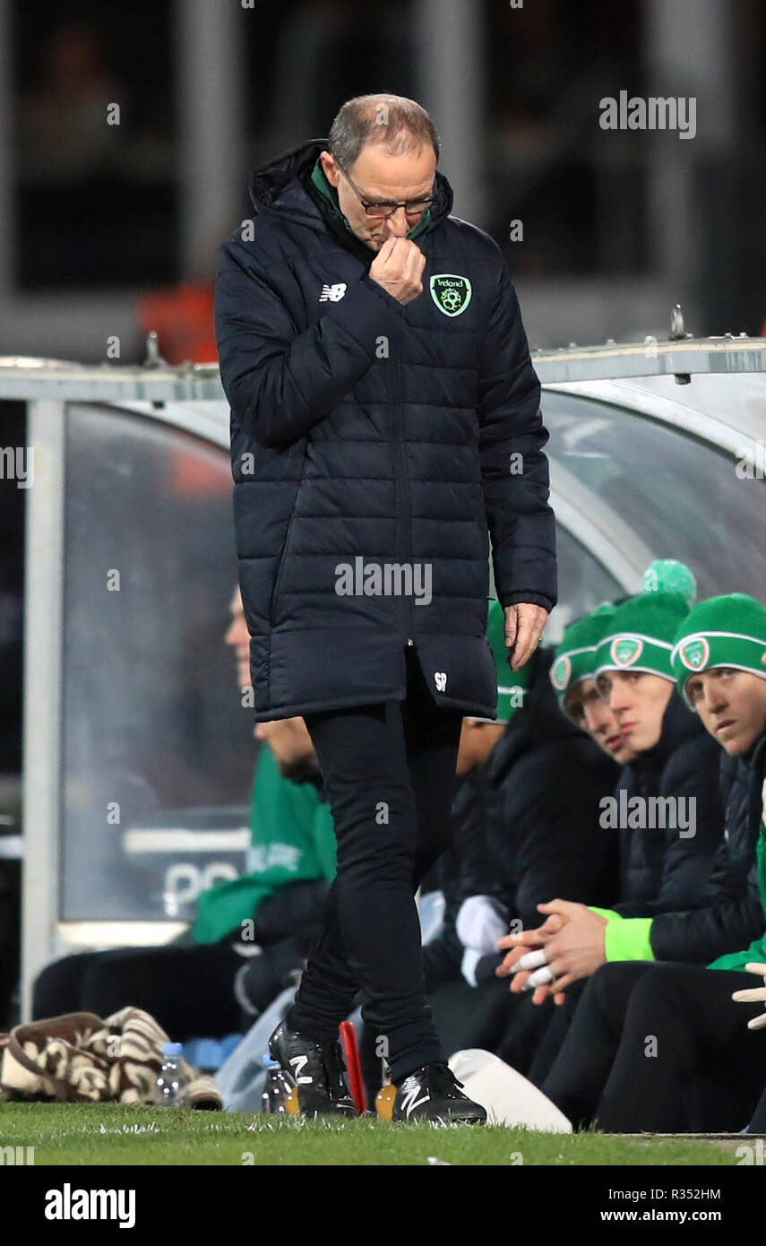 Republic of Ireland manager Martin O'Neill appears dejected during the UEFA Nations League, Group B4 match at Ceres Park, Aarhus. PRESS ASSOCIATION Photo. Picture date: Monday November 19, 2018. See PA story SOCCER Denmark. Photo credit should read: Simon Cooper/PA Wire. Stock Photo
