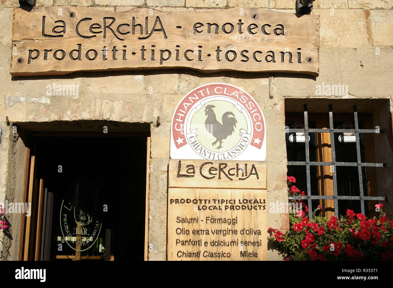 Tuscano Tuscan food and wine sign outside wine shop in Monteriggioni, Tuscany ...