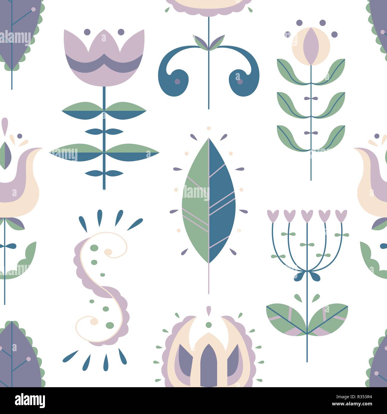 Vector seamless pattern in Scandinavian style. Flat style. Flowers and doodles. Stock Vector