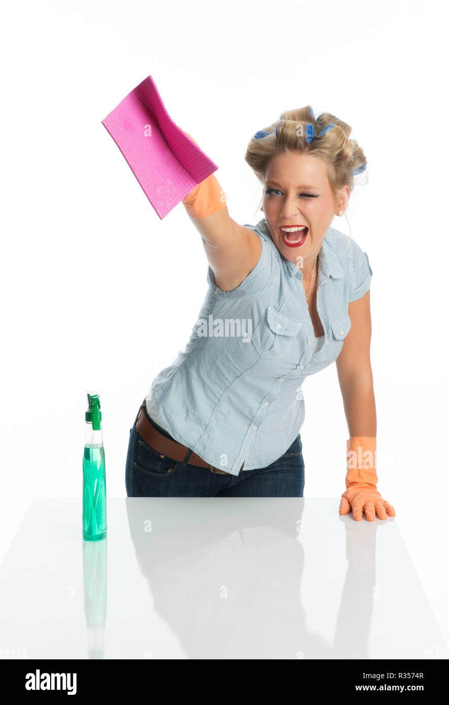 housewife with spray bottle Stock Photo
