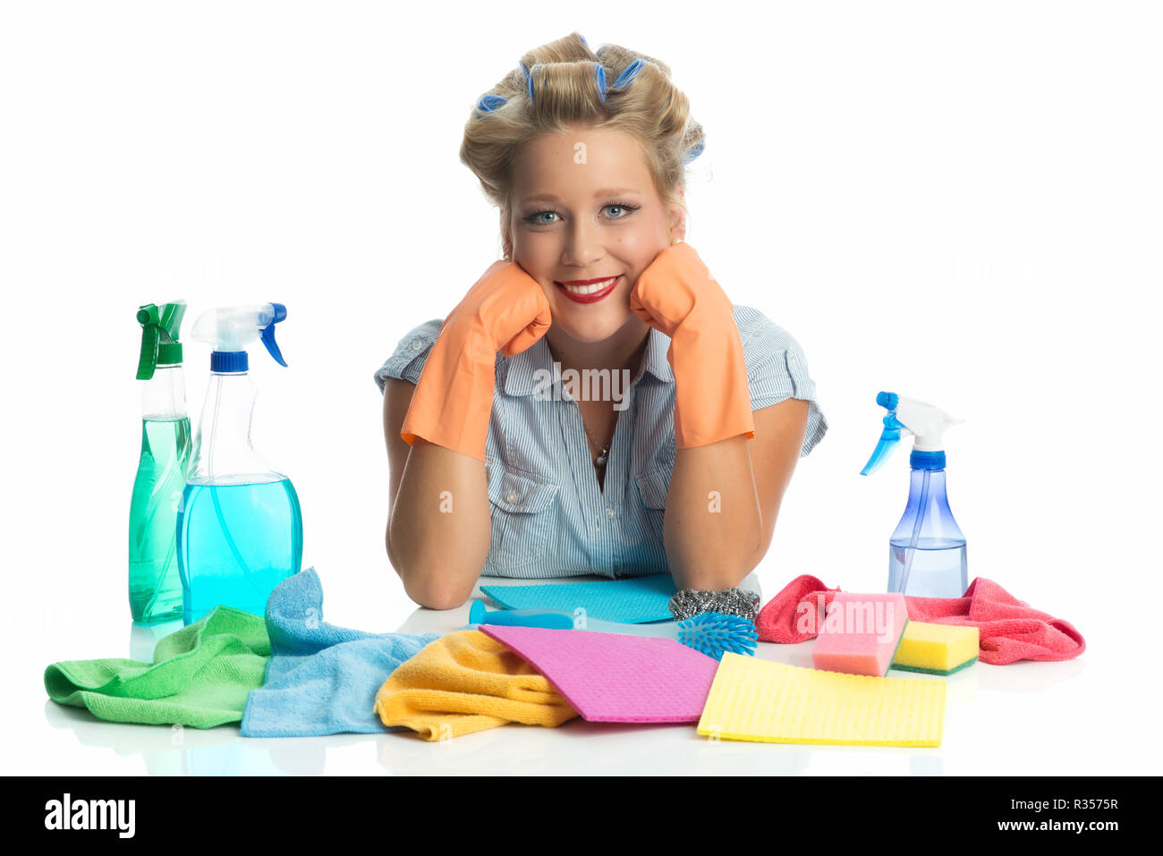 housewife with cleaning utensils Stock Photo Alamy
