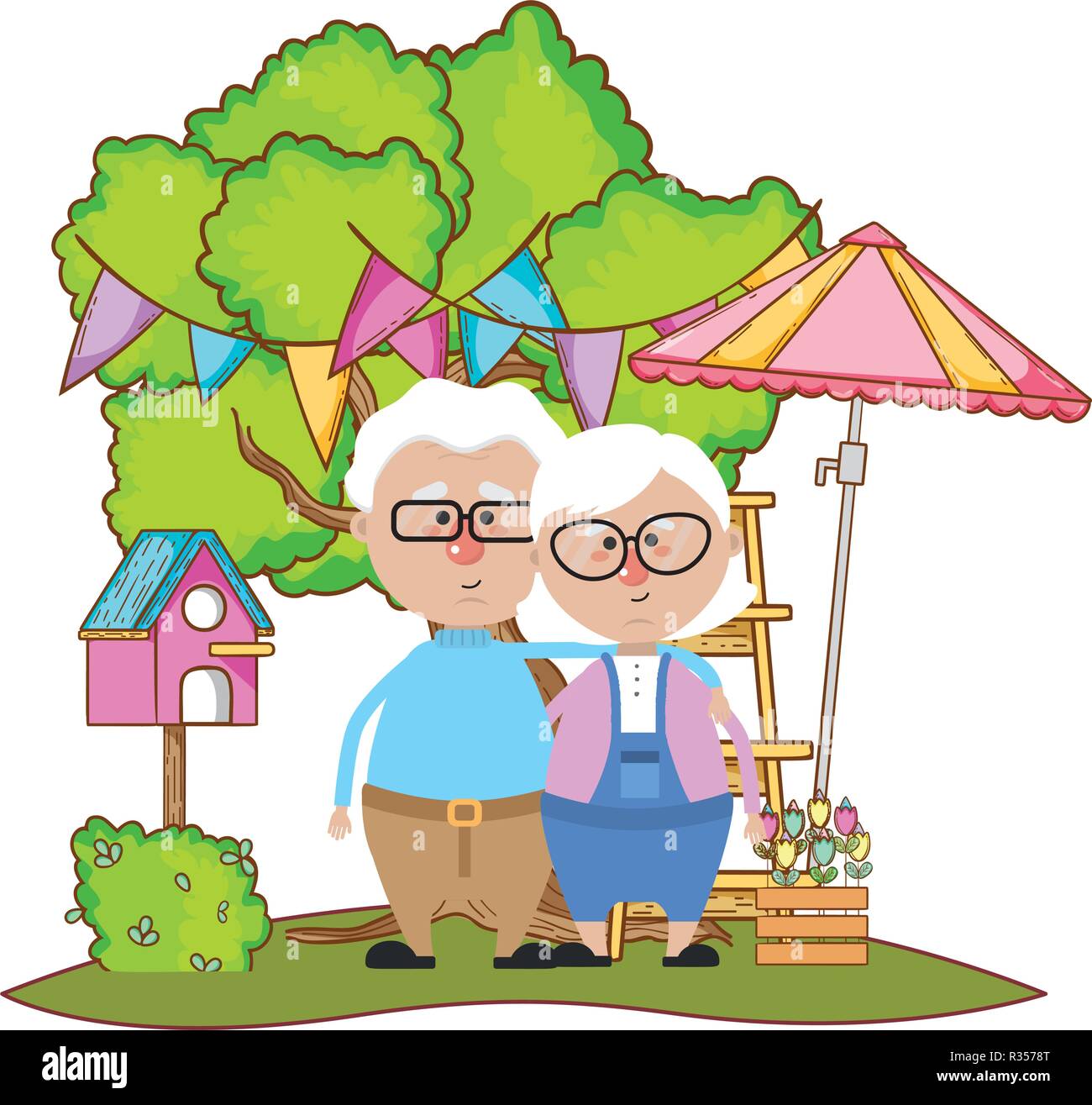 Cute Grandparents Couple Over Nature Field With Tree And Party