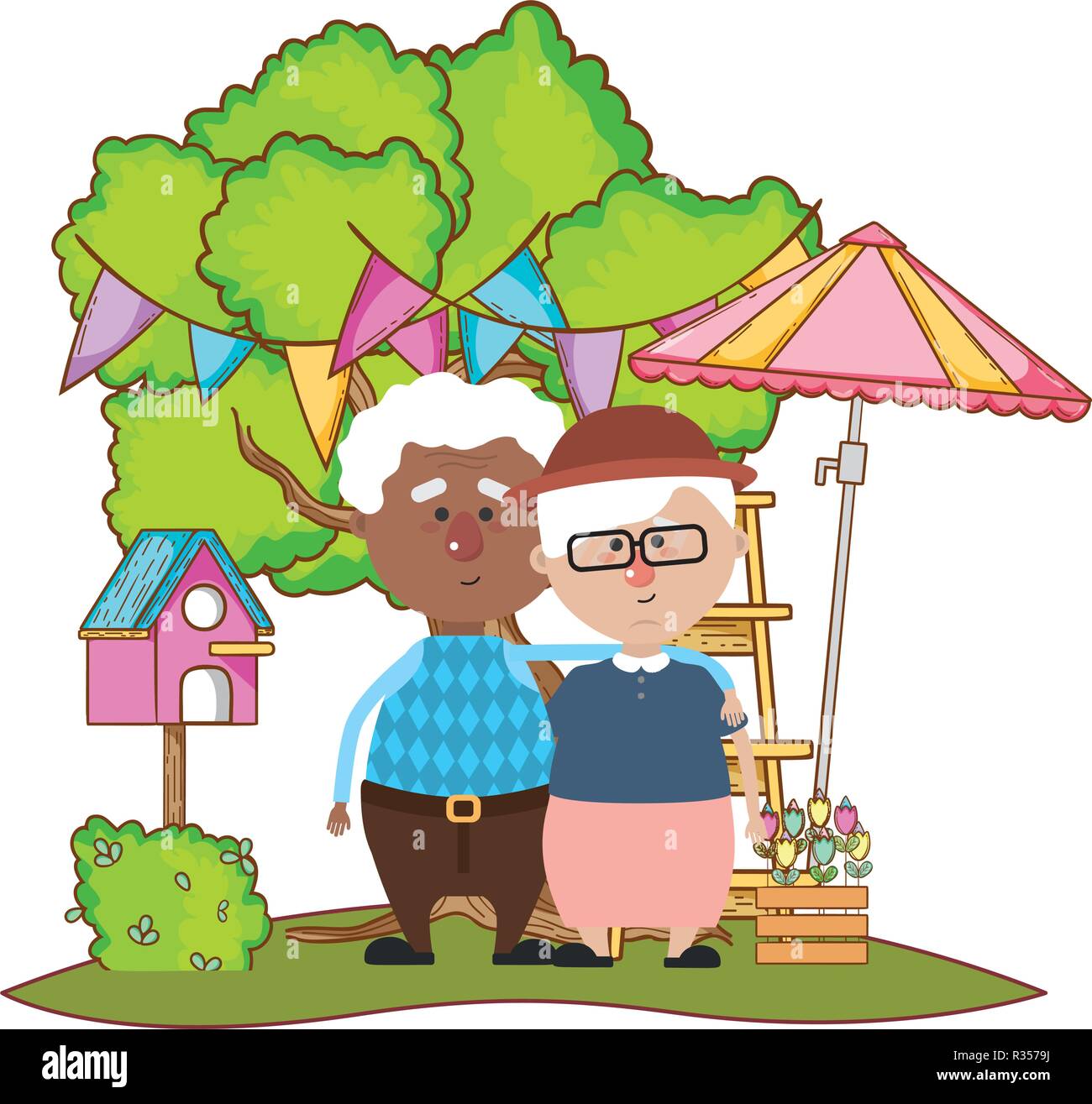 Cute Grandparents Couple Over Nature Field With Tree And Party