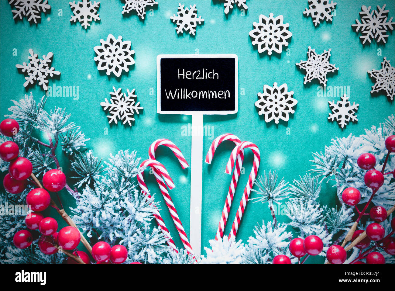 Black Christmas Sign, Lights, Willkommen Means Welcome Stock Photo