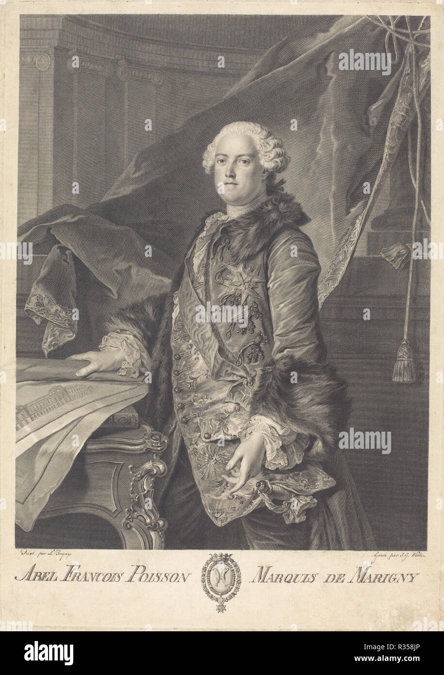Abel Francois Poisson, Marquis de Marigny. Medium: engraving. Museum: National Gallery of Art, Washington DC. Author: Johann Georg Wille after Louis Tocqué. Stock Photo