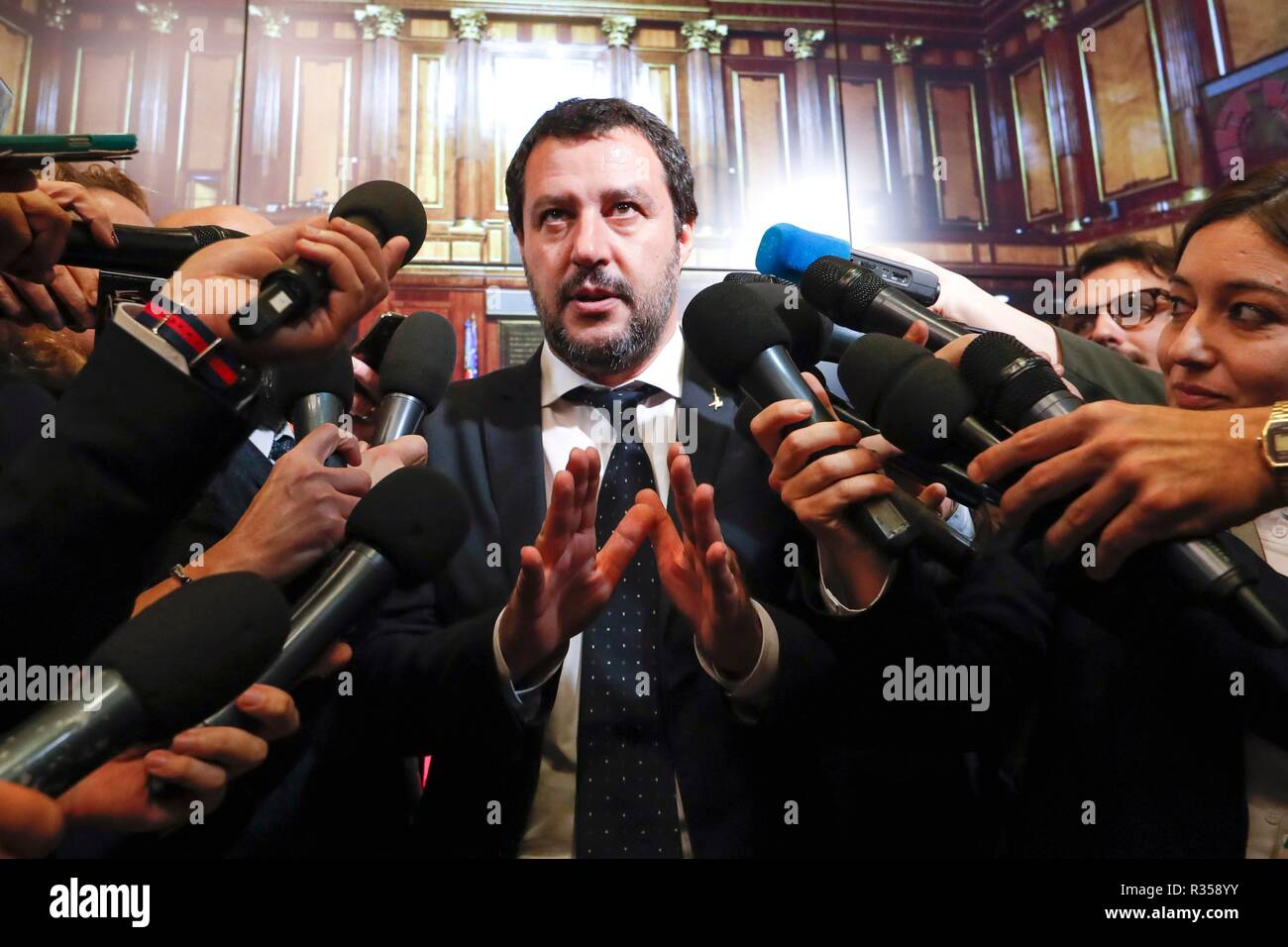 The deputy Prime Minister and Minister of the Interior Matteo Salvini speaks with journalists in Rome, Italy, Nov 06, 2018    Photo  Remo Casilli/Sint Stock Photo