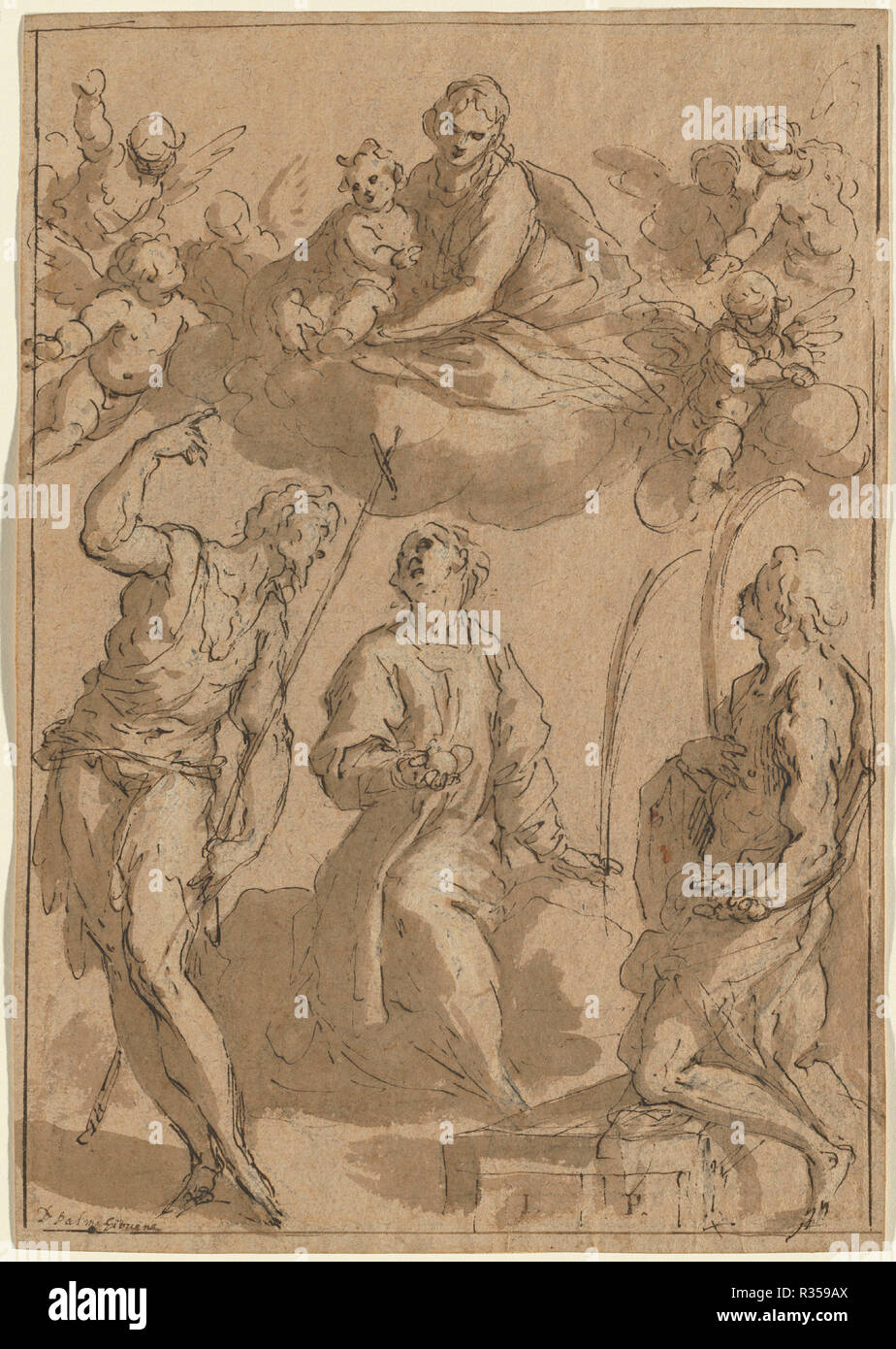 Madonna and Child in Glory with Saints John the Baptist, Stephen, and Lawrence. Dated: 1620/1628. Dimensions: sheet: 32.8 × 23 cm (12 15/16 × 9 1/16 in.). Medium: pen and brown ink with brown wash over black chalk, heightened with white, on light brown oatmeal paper. Museum: National Gallery of Art, Washington DC. Author: Jacopo Palma il Giovane. Stock Photo