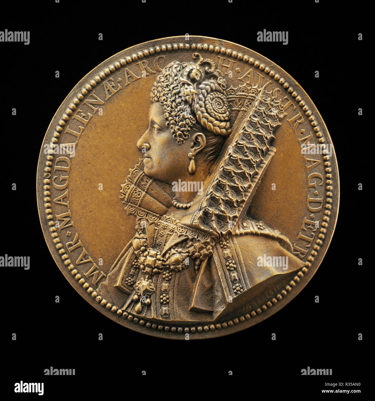 Maria Magdalena, Grand Duchess of Tuscany, Wife of Cosimo II de' Medici 1589. Dated: 1613. Dimensions: overall (diameter): 9.37 cm (3 11/16 in.)  gross weight: 130.49 gr (0.288 lb.). Medium: bronze//Cast hollow. Museum: National Gallery of Art, Washington DC. Author: Guillaume Dupré. Stock Photo