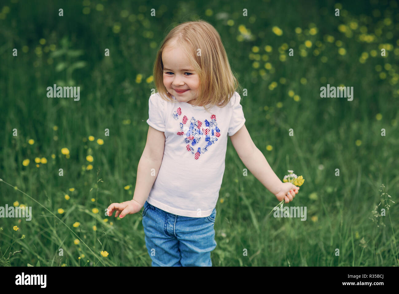 beautiful little girl in the meadow near tree posing and smiling Stock ...