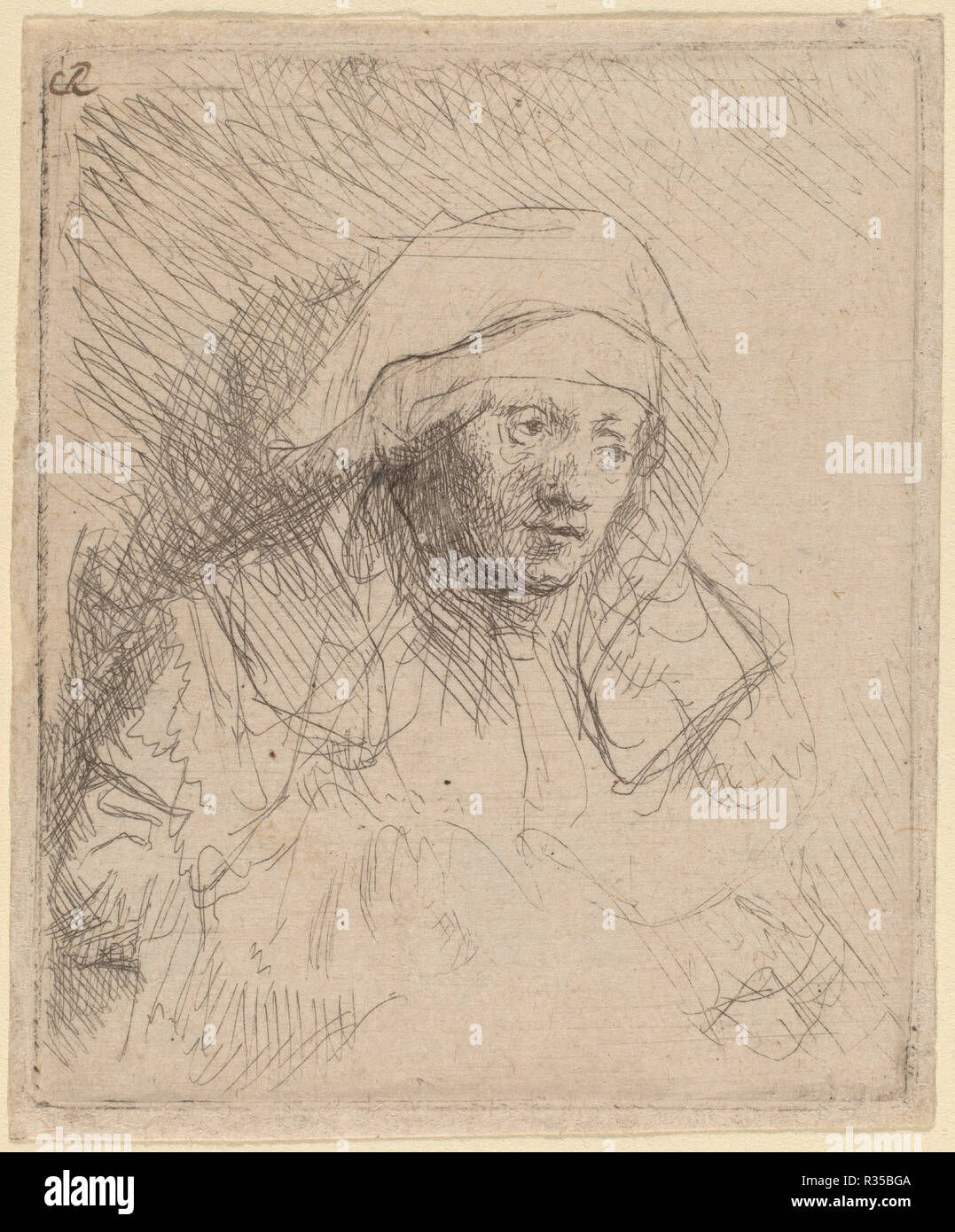 Sick Woman with a Large White Headdress (Saskia). Dated: c. 1641/1642. Medium: etching, with touches of drypoint. Museum: National Gallery of Art, Washington DC. Author: REMBRANDT, HARMENSZOON VAN RIJN. Stock Photo
