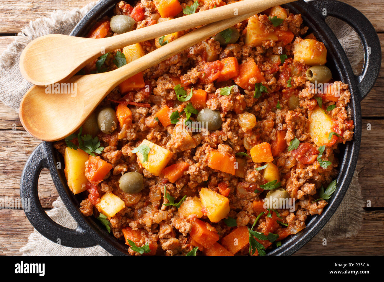 Picadillo Recipe Ground Beef Carrot And Potatoes Cooked In A Tomato Sauce Closeup On A Pan On The Table Horizontal Top View From Above Stock Photo Alamy