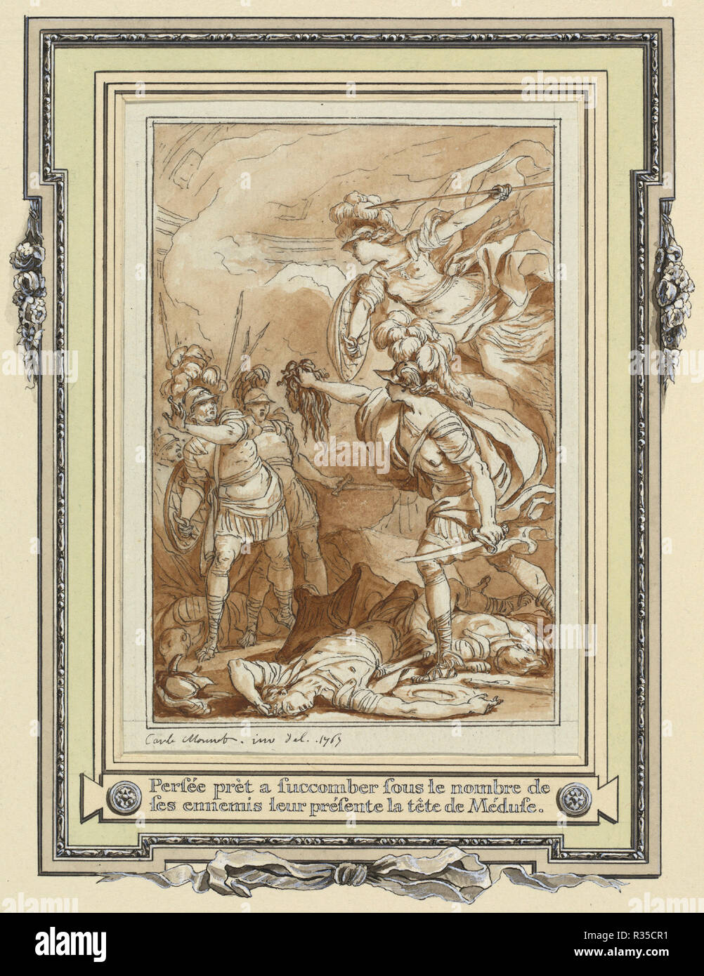 Perseus Turning Phinneas to Stone with the Head of Medusa. Dated: 1767. Dimensions: image (to outer framing line): 13.4 x 9.1 cm (5 1/4 x 3 9/16 in.). Medium: pen and black ink with brown wash over traces of graphite, with double border line by the artist in pen and gray ink, on laid paper. Museum: National Gallery of Art, Washington DC. Author: Charles Monnet. Stock Photo