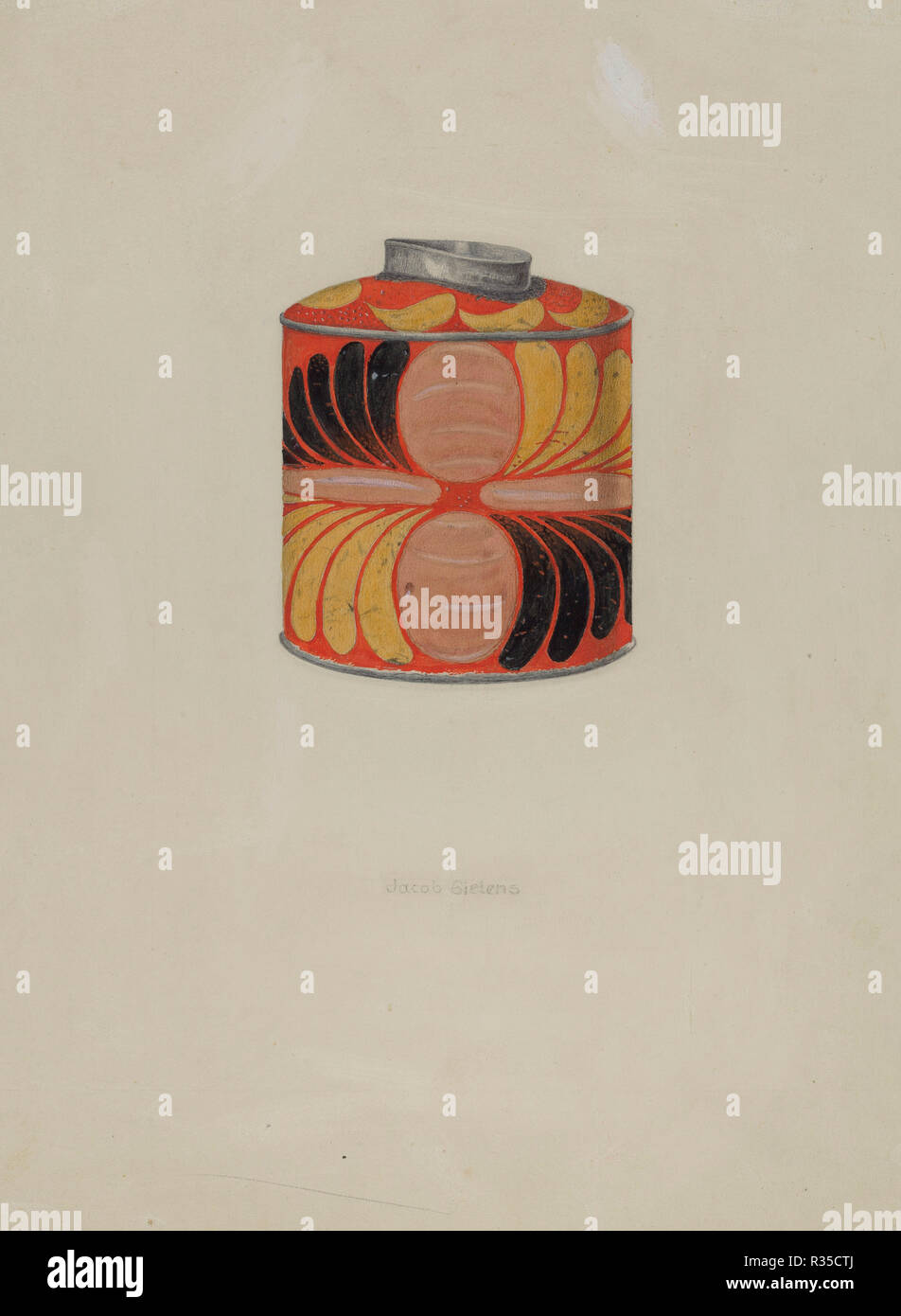 Toleware Tin Tea Caddy. Dated: c. 1937. Dimensions: overall: 32.9 x 24.5 cm (12 15/16 x 9 5/8 in.)  Original IAD Object: 3 1/2' wide: 4 1/2' high. Medium: watercolor, graphite, and gouache on paperboard. Museum: National Gallery of Art, Washington DC. Author: Jacob Gielens. Stock Photo