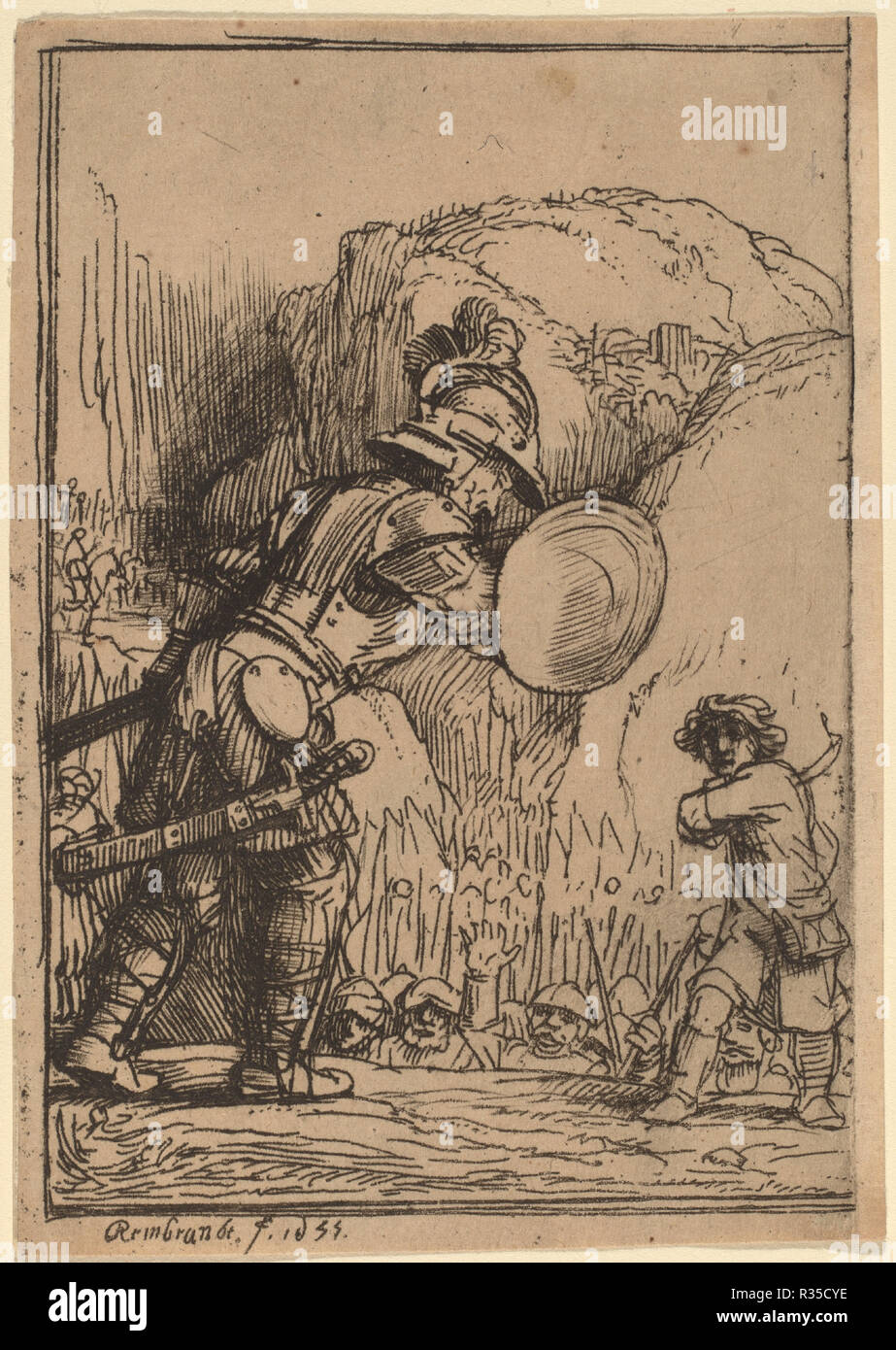 David and Goliath. Dated: 1655. Medium: etching, burin and drypoint. Museum: National Gallery of Art, Washington DC. Author: REMBRANDT, HARMENSZOON VAN RIJN. REMBRANDT HARMENSZOON VAN RIJN. Rembrandt van Rhijn. Stock Photo