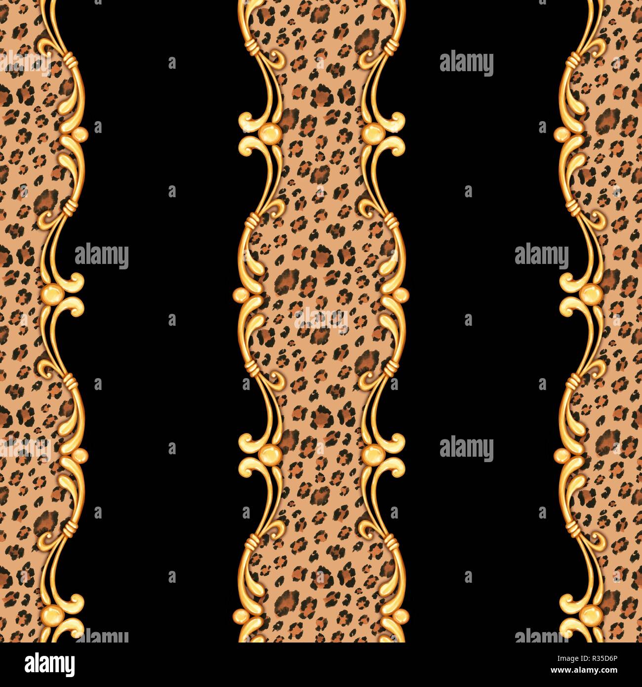 Seamless leopard pattern and golden baroque elements. Stock Photo