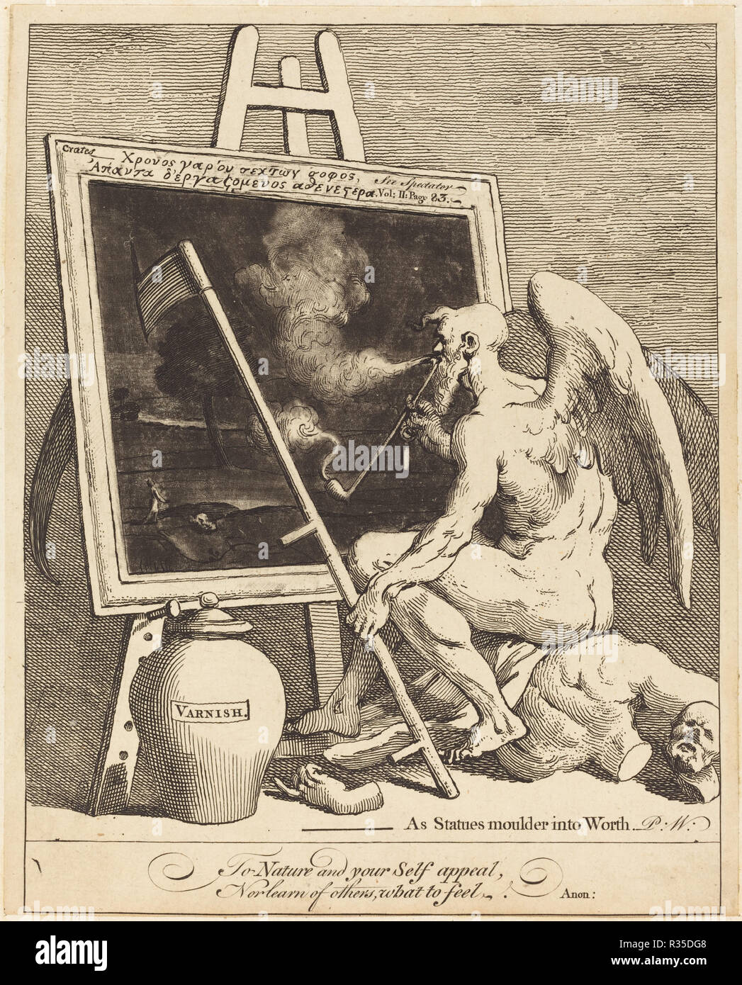 Time Smoking a Picture. Dated: 1761. Dimensions: sheet: 22.5 x 18.1 cm (8 7/8 x 7 1/8 in.). Medium: etching and mezzotint. Museum: National Gallery of Art, Washington DC. Author: William Hogarth. Stock Photo