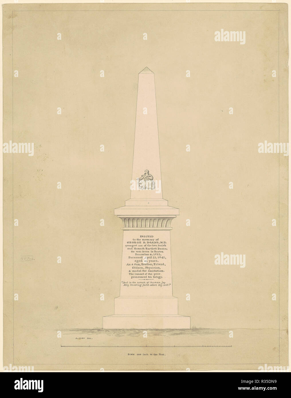 Design for a Monument in Memory of George B. Doane. Dated: c. 1843. Dimensions: sheet: 32.39 × 25.24 cm (12 3/4 × 9 15/16 in.). Medium: pen and black ink with wash on wove paper. Museum: National Gallery of Art, Washington DC. Author: Alpheus Cary. Stock Photo