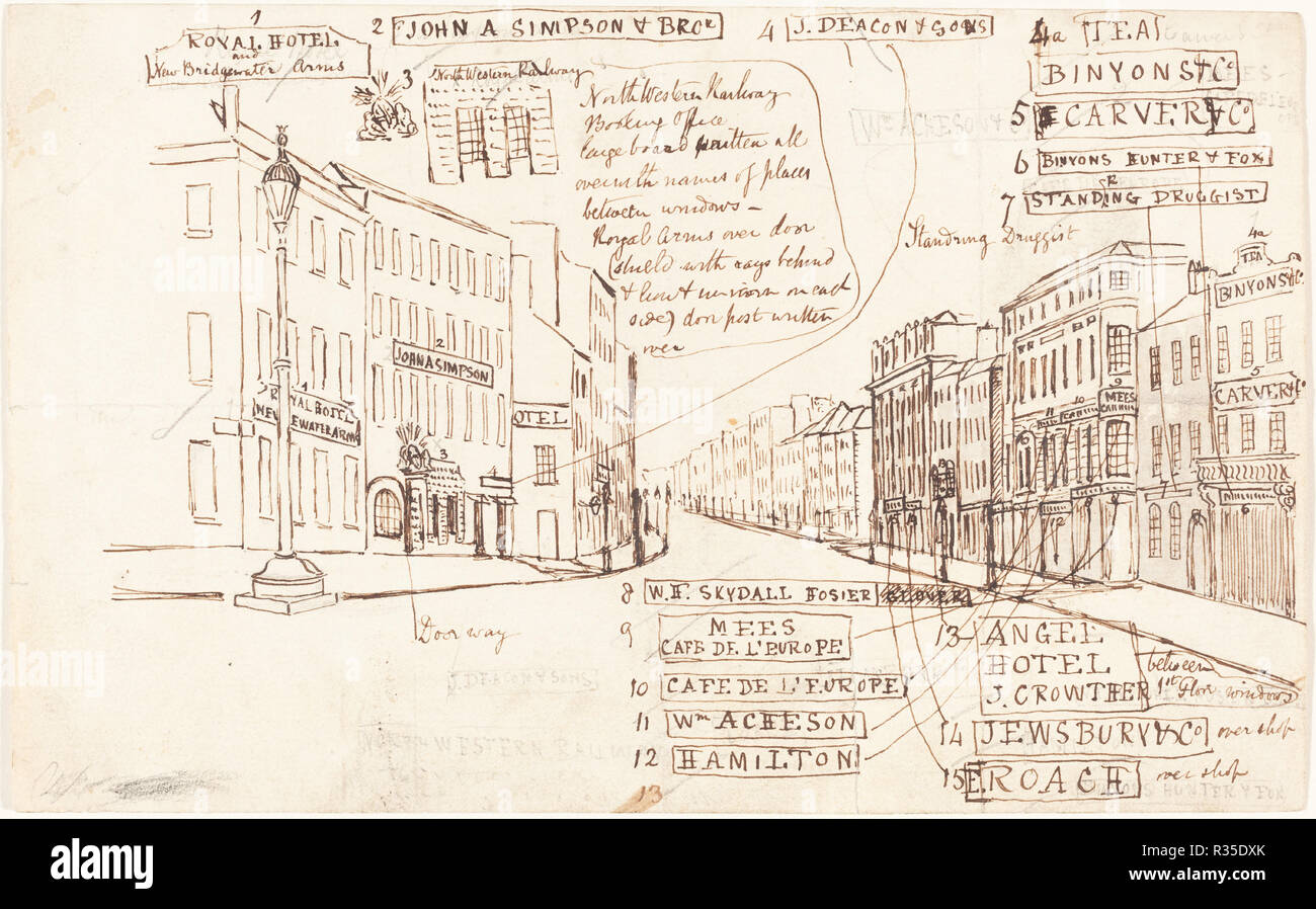 Street Perspective with Places of Business Labeled. Dimensions: Overall: 14.3 x 22.9 cm (5 5/8 x 9 in.)  support: 40.7 x 30.5 cm (16 x 12 in.). Medium: pen and brown ink over graphite annotations on laid paper. Museum: National Gallery of Art, Washington DC. Author: George Cruikshank. Stock Photo