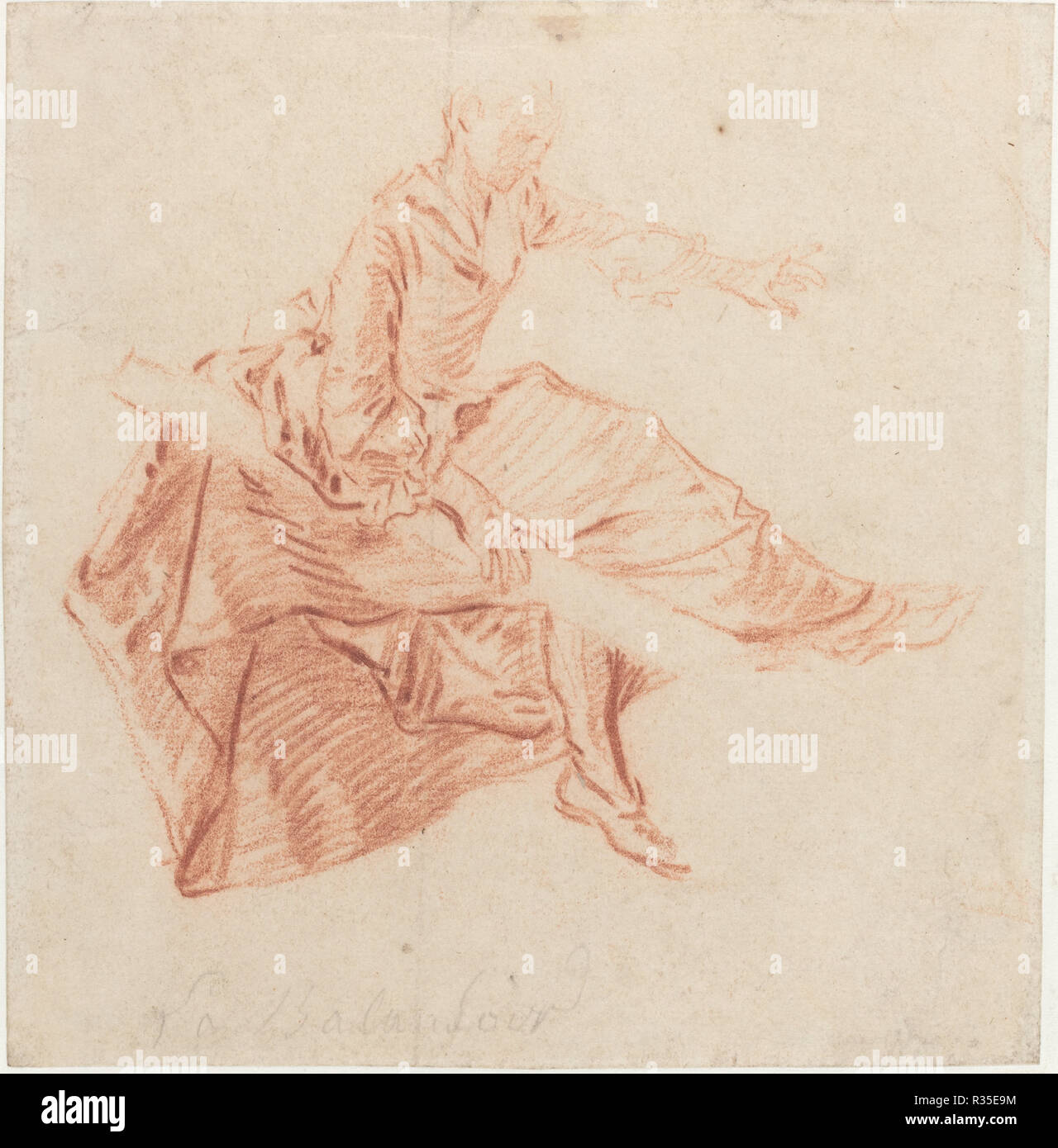Lady Seated on a See-Saw. Dimensions: overall: 14.7 x 14.2 cm (5 13/16 x 5 9/16 in.). Medium: red chalk on laid paper. Museum: National Gallery of Art, Washington DC. Author: Nicolas Lancret. Stock Photo