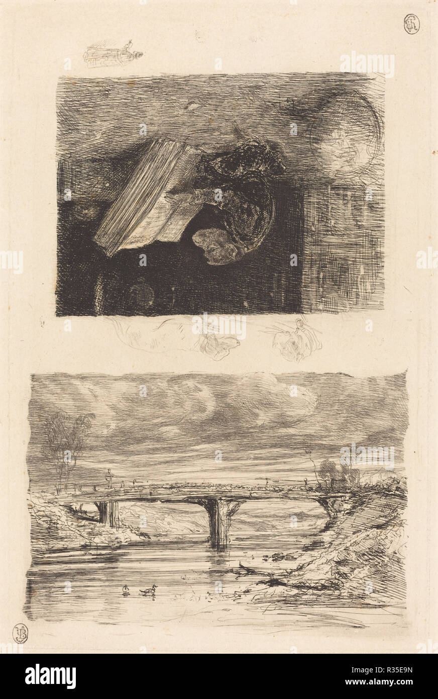 River Landscape with a Bridge; Monkey Paging through a Book. Dated: 1830/1835. Dimensions: plate: 26.3 x 17.1 cm (10 3/8 x 6 3/4 in.)  sheet: 29.7 x 21.1 cm (11 11/16 x 8 5/16 in.). Medium: etching on wove paper (2 subjects on one plate with remarques, proof). Museum: National Gallery of Art, Washington DC. Author: Decamps, Alexandre-Gabriel. Stock Photo