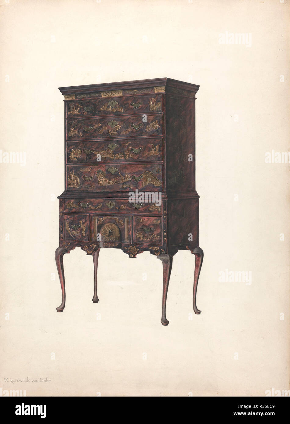 Highboy. Dated: c. 1940. Dimensions: overall: 72.4 x 53.6 cm (28 1/2 x 21 1/8 in.)  Original IAD Object: 70' high; 38 1/2' wide; 21 1/4' deep. Medium: watercolor, pen and ink, gouache, and graphite on paperboard. Museum: National Gallery of Art, Washington DC. Author: M. Rosenshield-von-Paulin. Stock Photo