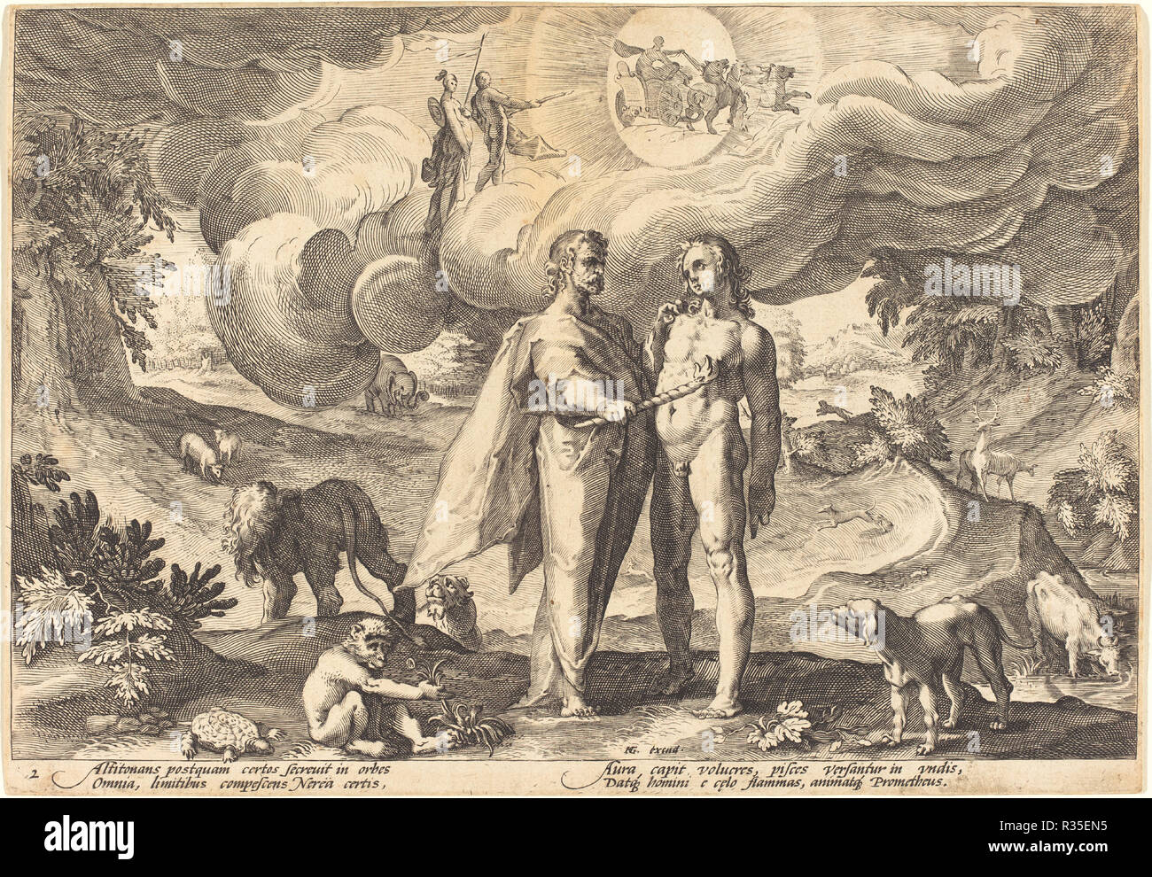 Prometheus Making Man and Animating Him with Fire from Heaven. Dimensions: plate: 17.5 x 25.1 cm (6 7/8 x 9 7/8 in.). Medium: engraving on laid paper. Museum: National Gallery of Art, Washington DC. Author: Workshop of Hendrick Goltzius, after Hendrick Goltzius. Stock Photo