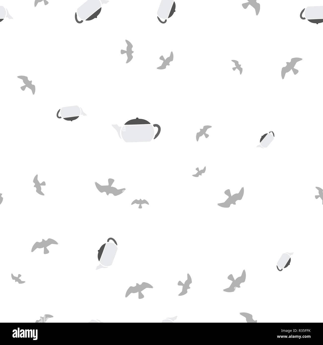 Teapot and bird seamless pattern. Vector illustration. Isolated white background. Stock Vector