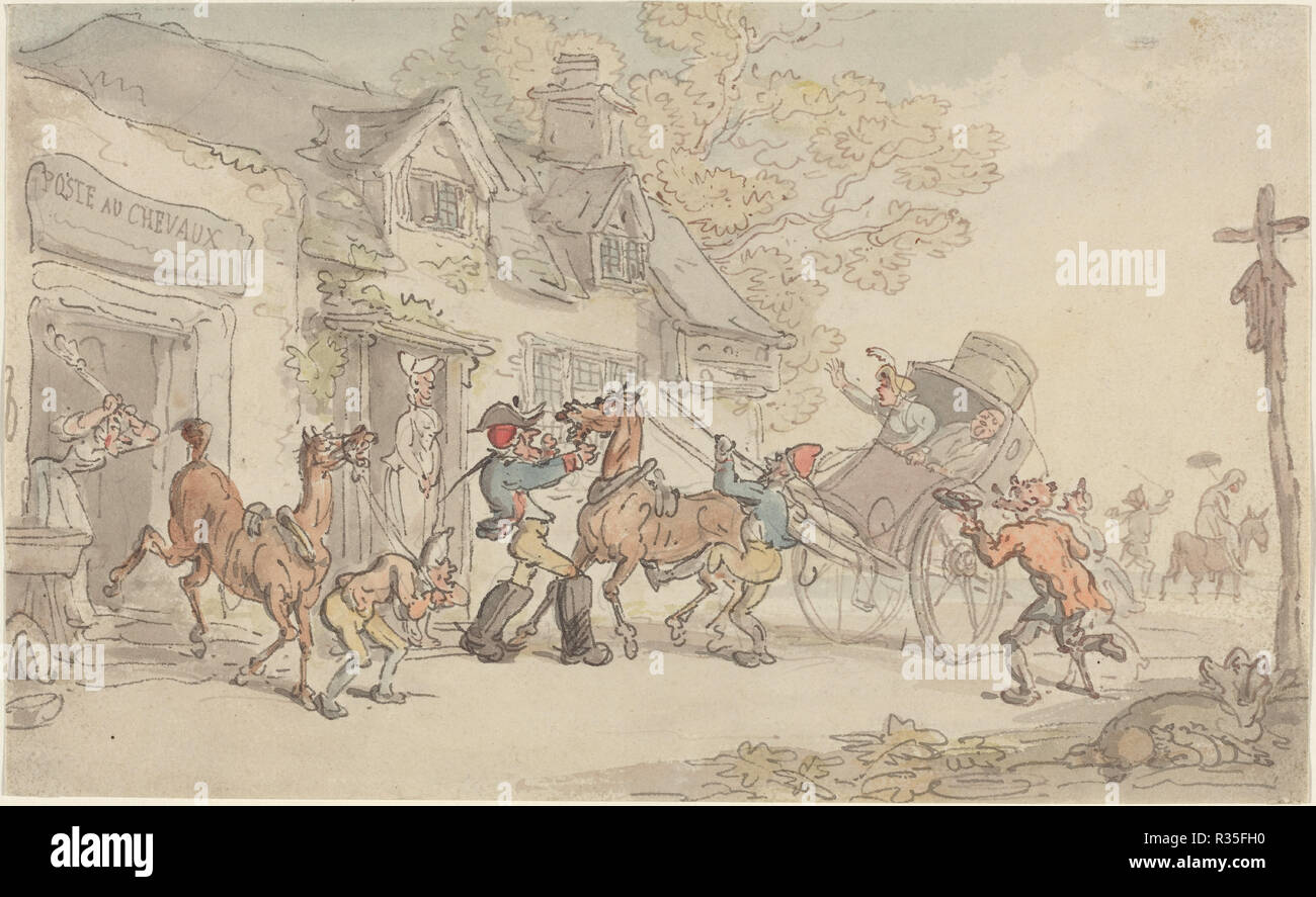 Changing Horses at a Post House in France. Dated: c. 1790. Dimensions: overall: 14.2 x 23.3 cm (5 9/16 x 9 3/16 in.). Medium: watercolor over black ink and graphite on wove paper. Museum: National Gallery of Art, Washington DC. Author: Thomas Rowlandson. Stock Photo