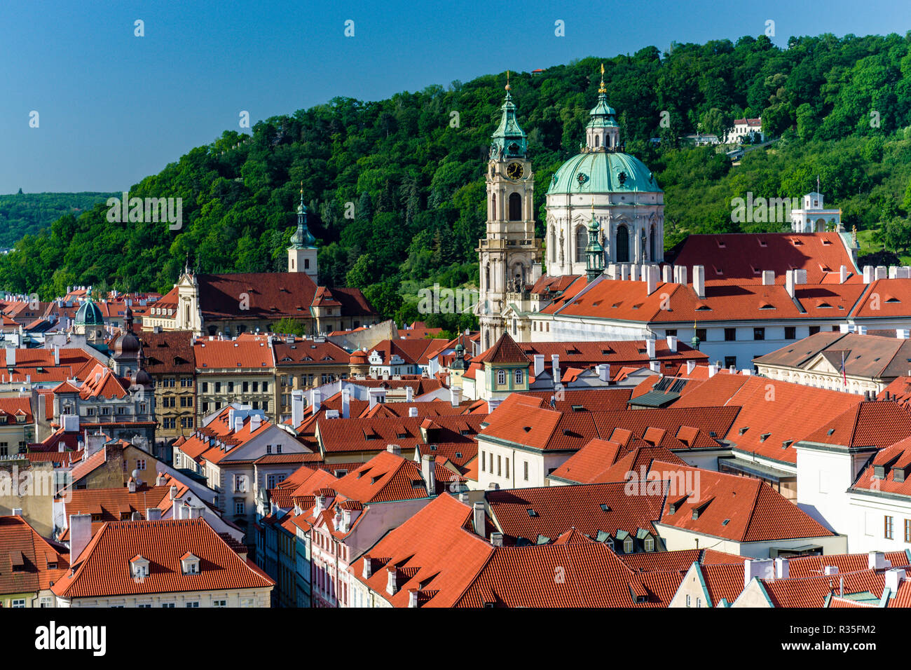 Looking across the roofs of the suburb 'Mala Strana', the quarter below the 'Hradčany', with the St. Nicholas Orthodox Church Stock Photo