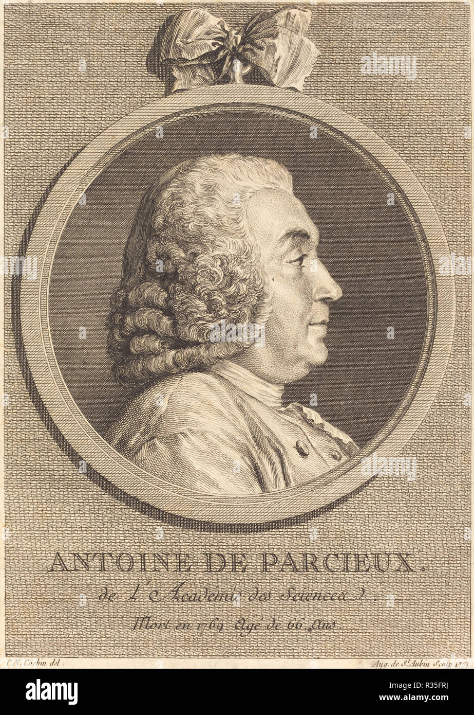 Antoine De Parcieux. Dated: 1771. Dimensions: sheet (trimmed within plate mark): 18.1 x 12.8 cm (7 1/8 x 5 1/16 in.). Medium: engraving over etching on laid paper. Museum: National Gallery of Art, Washington DC. Author: Augustin de Saint-Aubin after Charles-Nicolas Cochin I. Augustin de Saint-Aubin. After Charles Nicolas Cochin II. Stock Photo