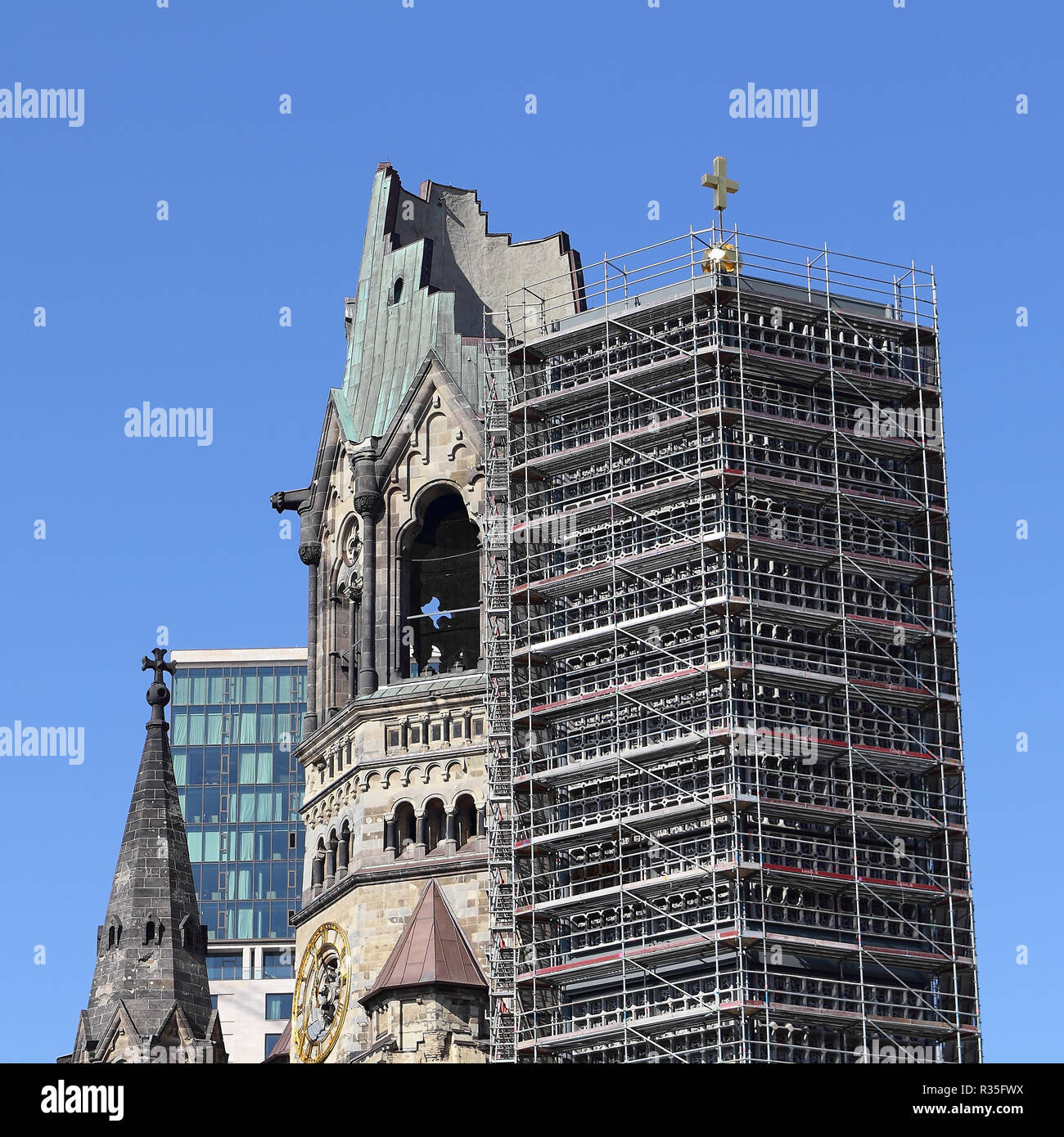 Steeple and belfry of the Kaiser Wilhelm Memorial Church in Berlin Stock Photo