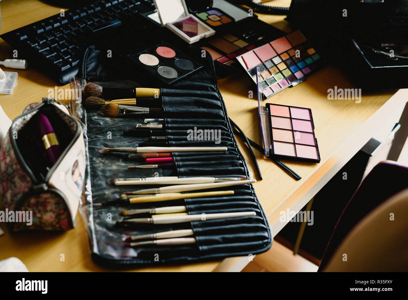 Cosmetics set, palette of eyeshadows, lipsticks, brushes, blush Stock