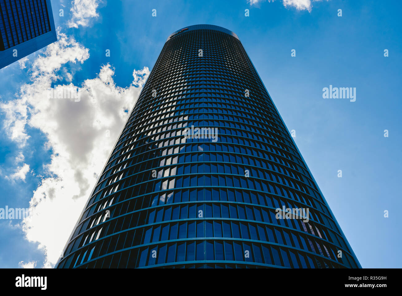 Skyscrapers and hotels in the city of Madrid on blue sky background of a modern financial district. Stock Photo