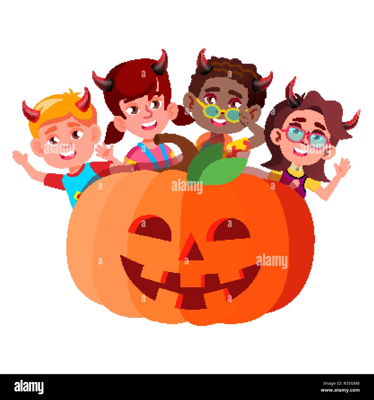 Group Of Children With Devil Horns Peeking Out From Large Pumpkin ...