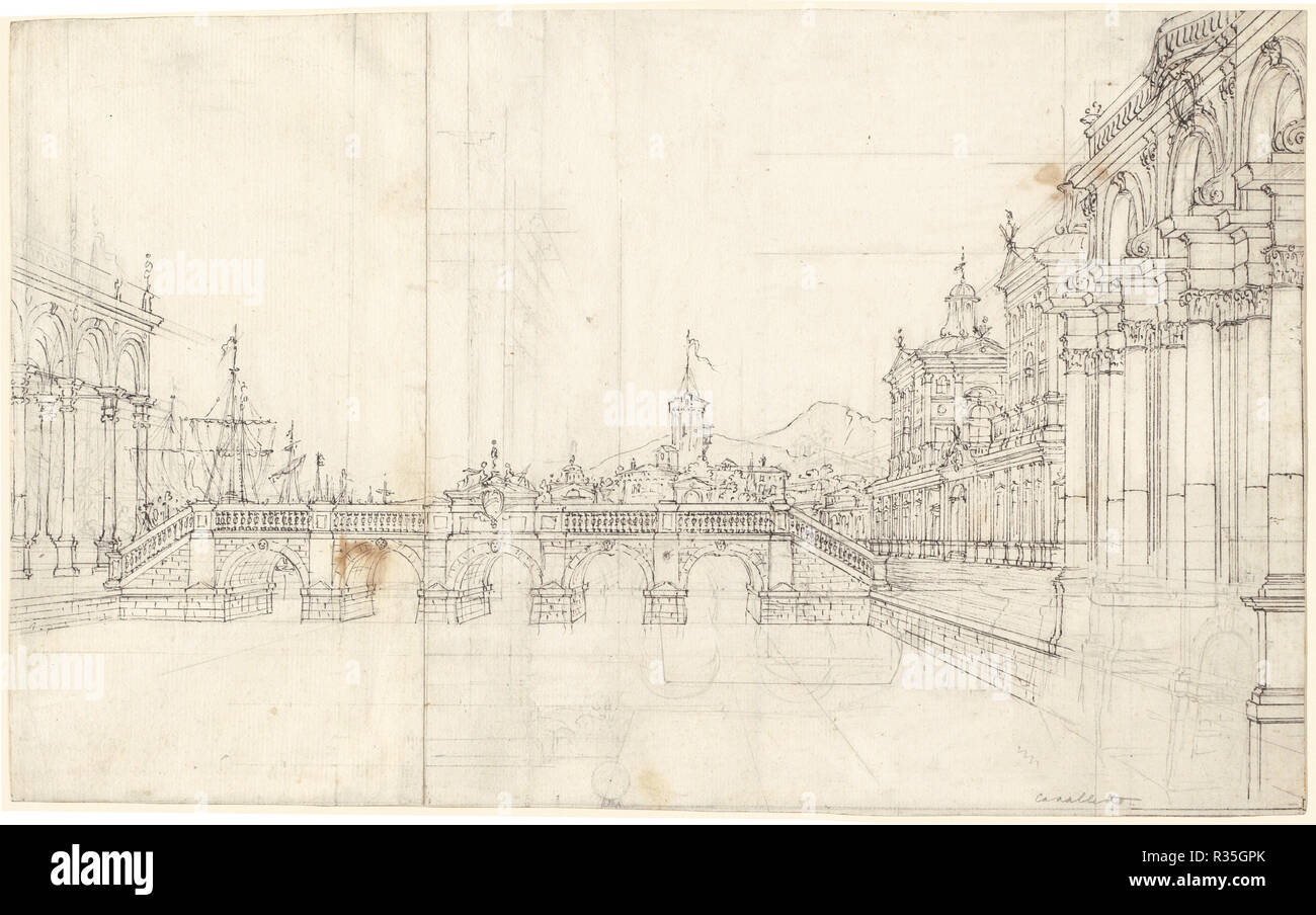 A Capriccio of Palaces and a Loggia Facing a Classical Bridge. Dated: c. 1765. Dimensions: overall: 29.6 x 47.2 cm (11 5/8 x 18 9/16 in.). Medium: pen and black ink over graphite on two joined sheets of laid paper. Museum: National Gallery of Art, Washington DC. Author: BERNARDO BELLOTTO. Stock Photo