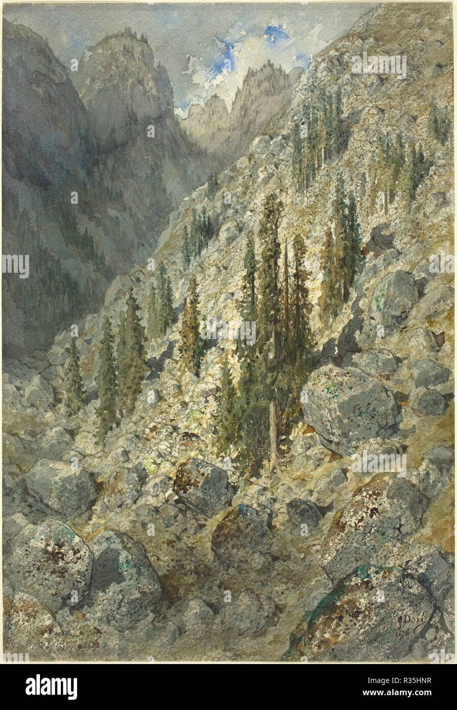 An Alpine Valley with Trees and Boulders. Dated: 1876. Dimensions: overall: 45.1 x 31.7 cm (17 3/4 x 12 1/2 in.). Medium: watercolor, gouache and black chalk, with pen and black ink, over traces of graphite on  wove paper. Museum: National Gallery of Art, Washington DC. Author: GUSTAVE DORÉ. Stock Photo