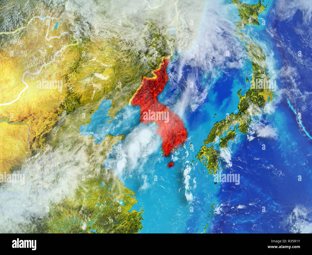 Korea from space on model of planet Earth with country borders ...