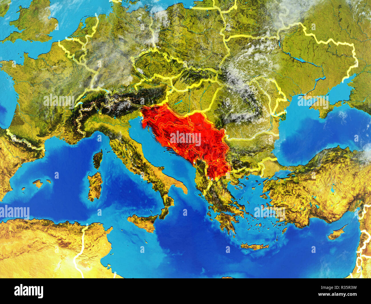Former Yugoslavia From Space On Model Of Planet Earth With Country Borders Extremely Fine Detail Of Planet Surface And Clouds 3d Illustration Eleme Stock Photo Alamy