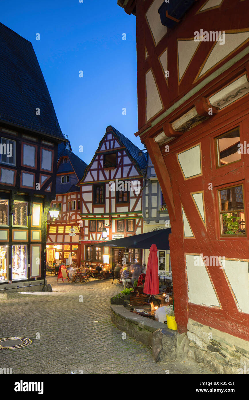 Half-timbered buildings in Fischmarkt at dusk, Limburg, Hesse, Germany Stock Photo