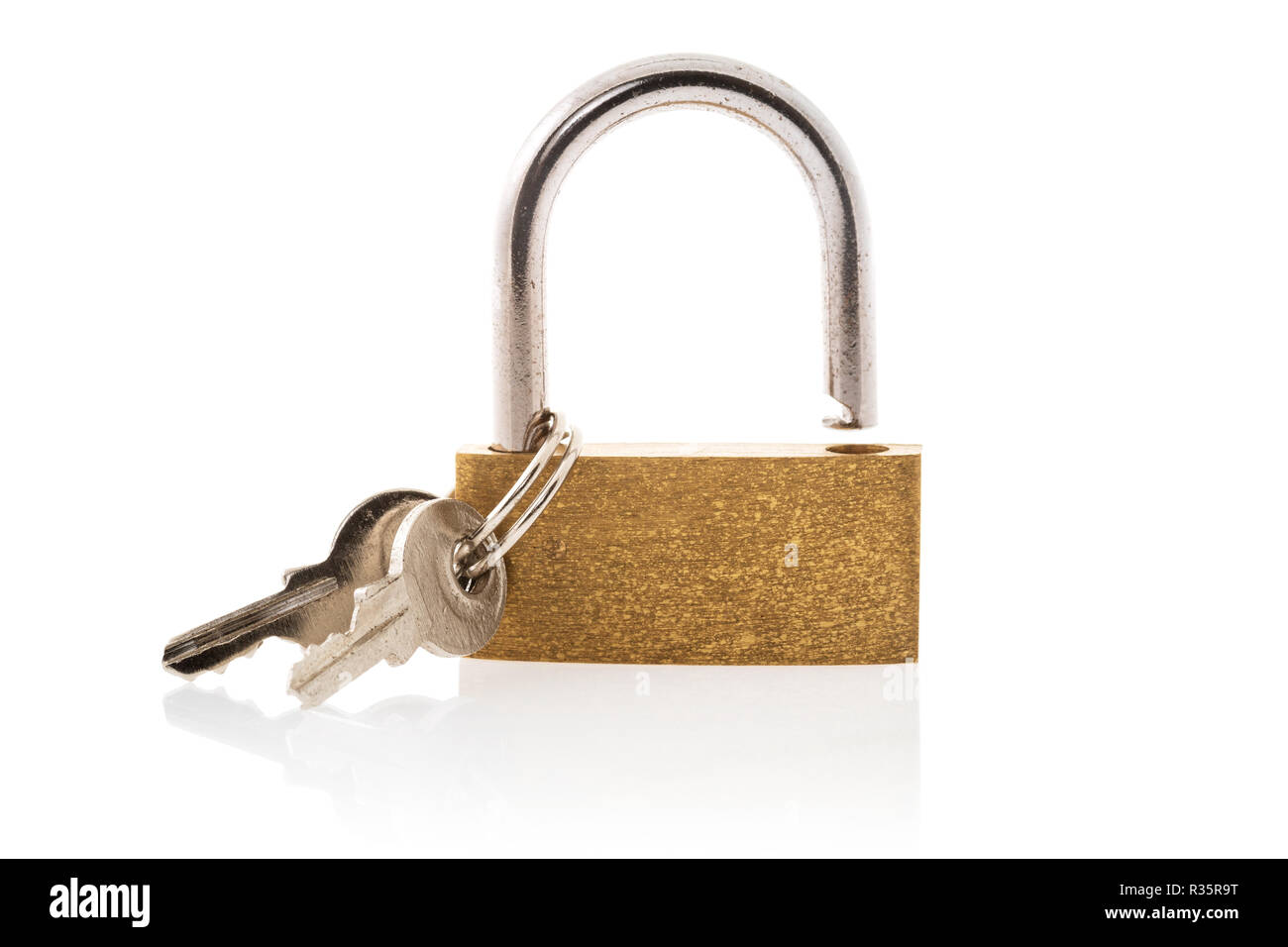 Unlocked golden padlock and keys isolated on white background Stock