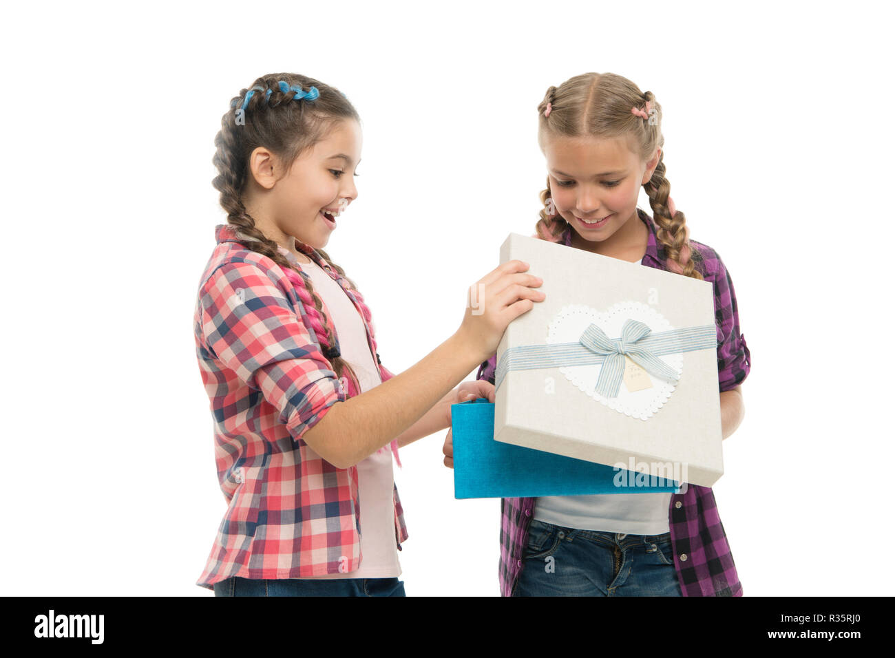 Kids Little Girls With Braids Hairstyle Hold Gift Box Children