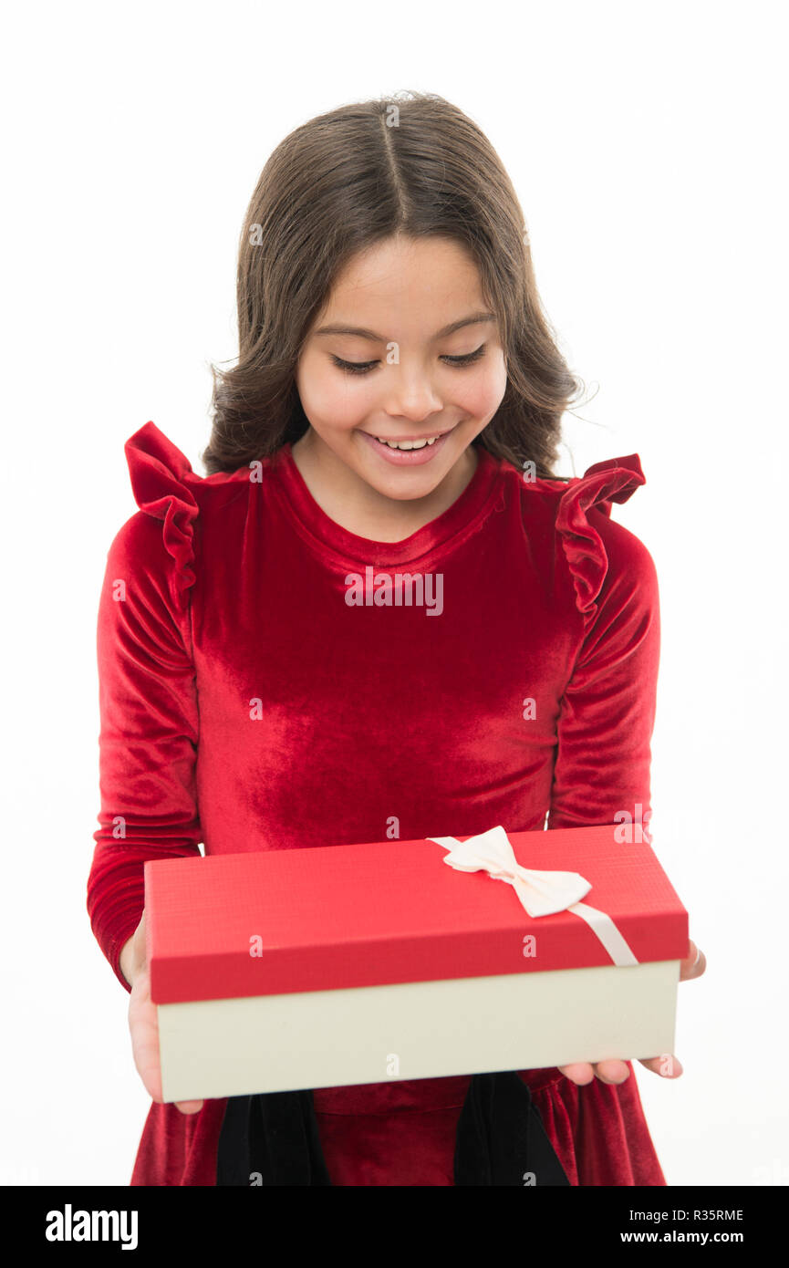 Kid Little Girl In Elegant Dress Curly Hairstyle Hold Gift Box