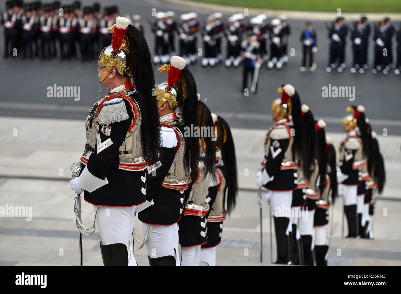 Rome, Italy - October 16, 2018: Soldiers from Italy's  national guard of honor during a military ceremony at Altar of the Fatherland in Rome. Stock Photo