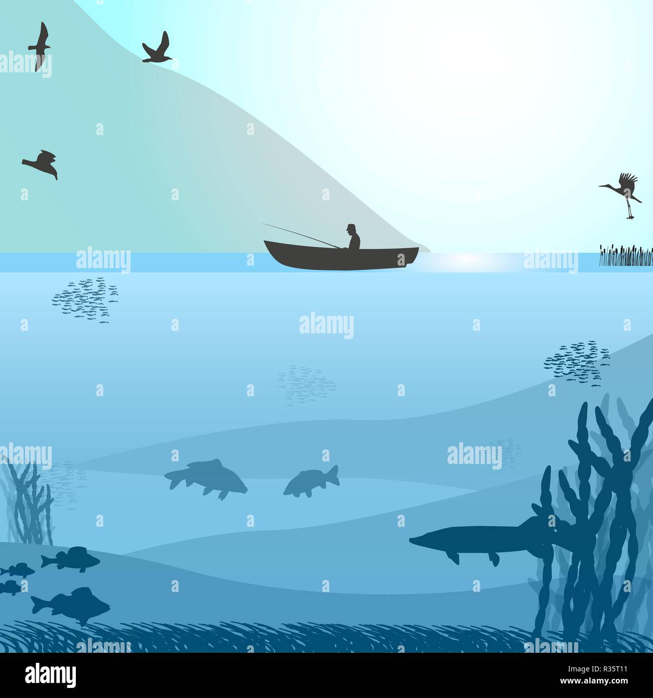 Fishing on the wild lake Stock Vector