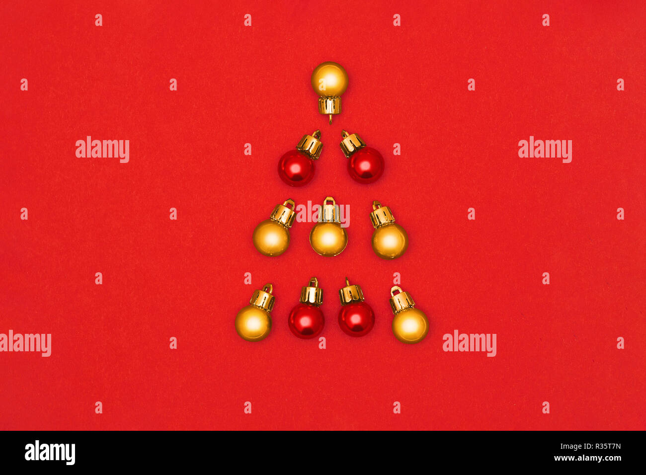 Decorative Christmas Tree Flat Lay Photo Many Small Gold And Red