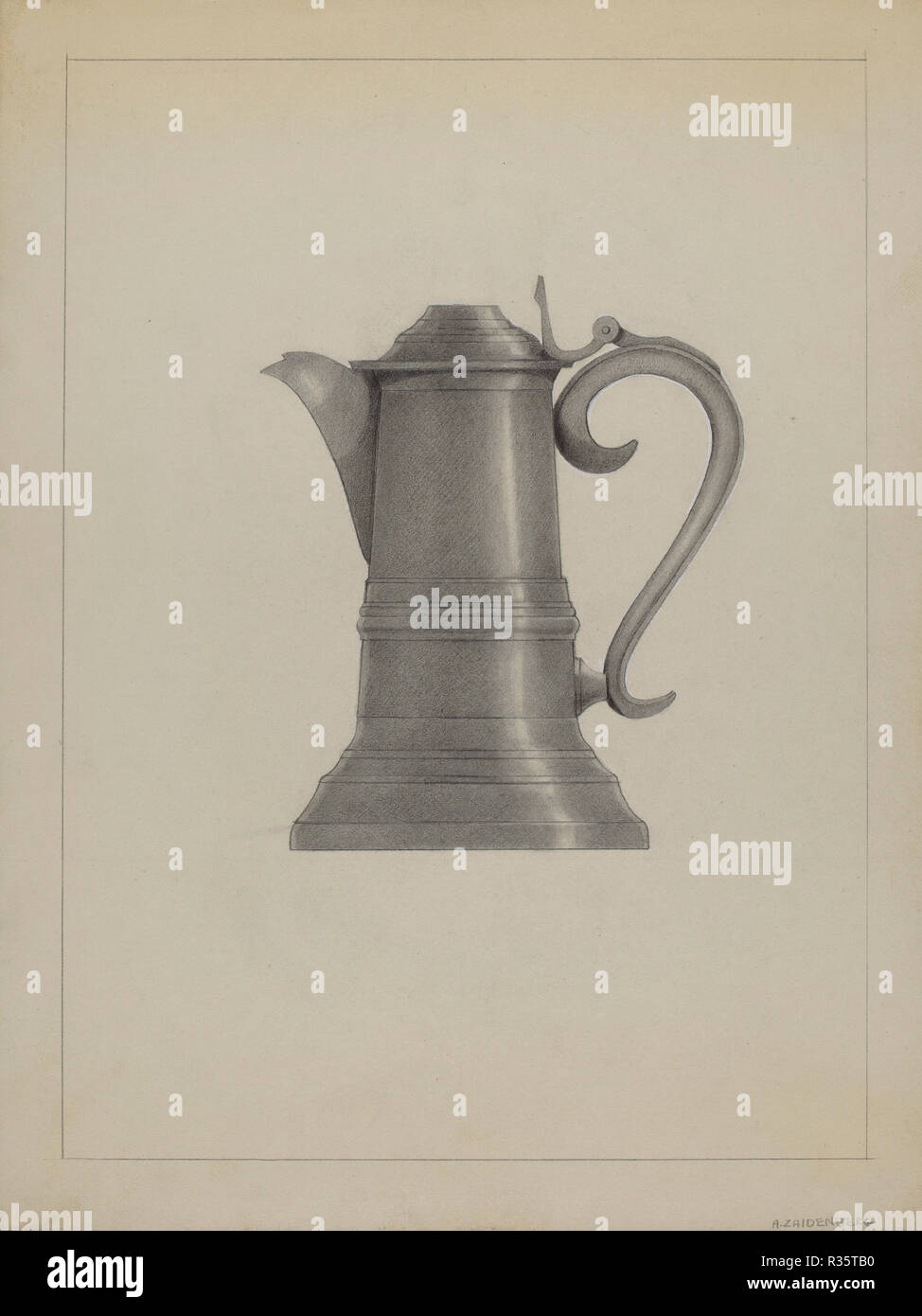 Pewter Flagon. Dated: c. 1936. Dimensions: overall: 28.6 x 21.6 cm (11 1/4 x 8 1/2 in.)  Original IAD Object: 10 1/4' high. Medium: graphite on paperboard. Museum: National Gallery of Art, Washington DC. Author: A. Zaidenberg. Stock Photo